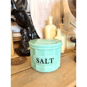 Vintage Style Jadeite Glass Salt Canister Paneled Green Glass Jar with Lid Kitch